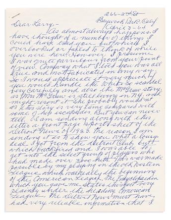 (SPORTS--BASEBALL.) Letters from Dead Ball Era legends Sam Crawford and Chief Meyers, to the author of "Glory of their Times."